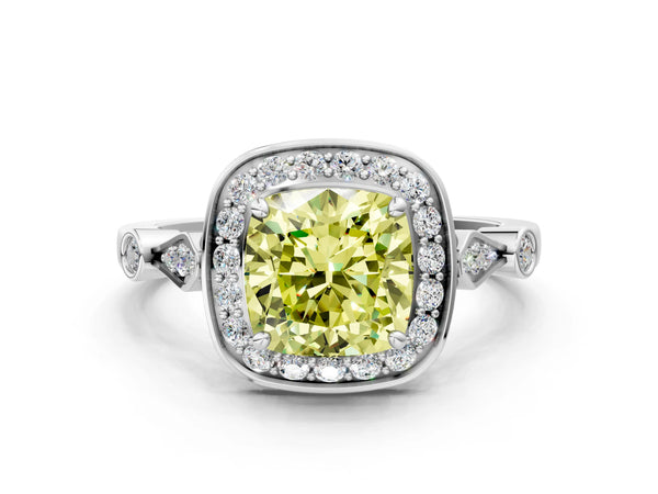 White gold Fancy Yellow Cushion  Halo Diamond Engagement Ring with Twisted Band and Four-Prong Setting