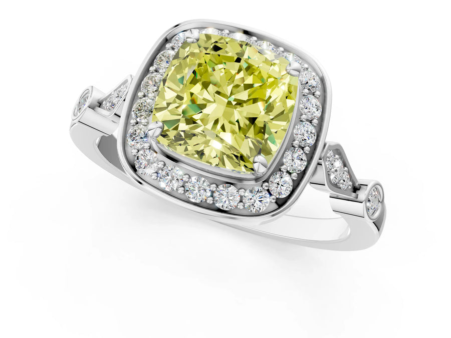 White gold Fancy Yellow Cushion  Halo Diamond Engagement Ring with Twisted Band and Four-Prong Setting