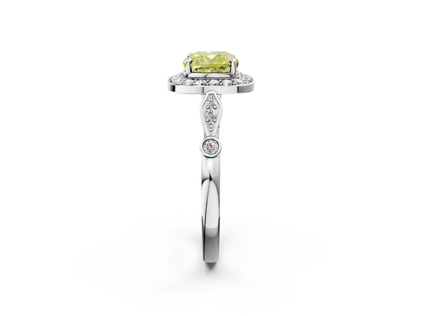 White gold Fancy Yellow Cushion  Halo Diamond Engagement Ring with Twisted Band and Four-Prong Setting