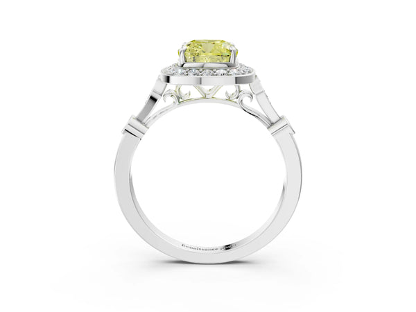 White gold Fancy Yellow Cushion  Halo Diamond Engagement Ring with Twisted Band and Four-Prong Setting