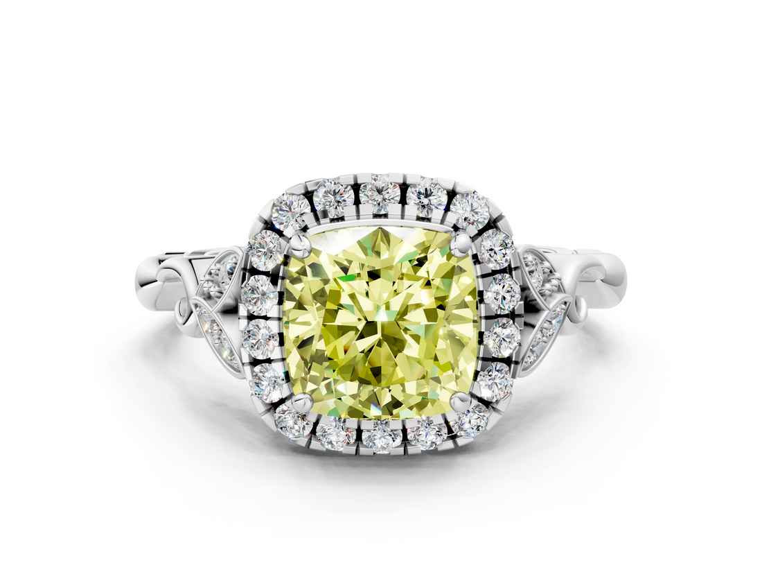 White gold Fancy Yellow Cushion  Halo Diamond Engagement Ring with Vintage-Inspired Band and Four-Prong Setting_3