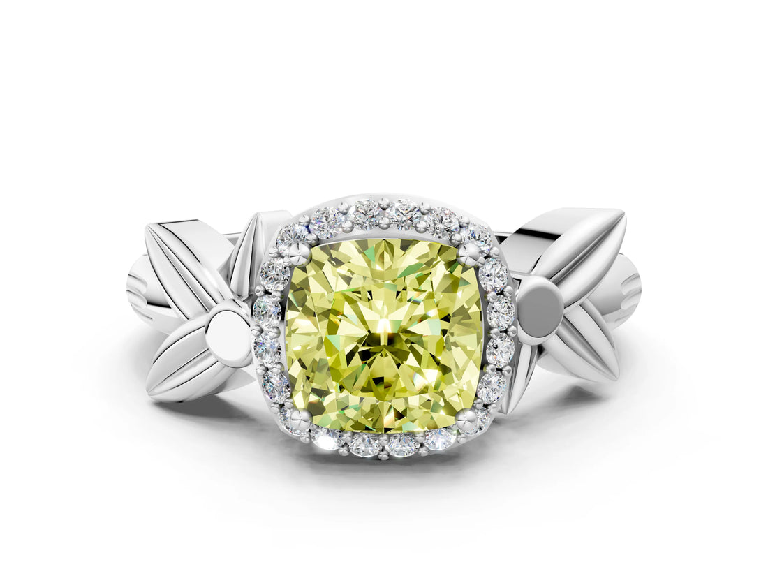 White gold Fancy Yellow Cushion  Halo Diamond Floral Band with Four-Prong Setting_55