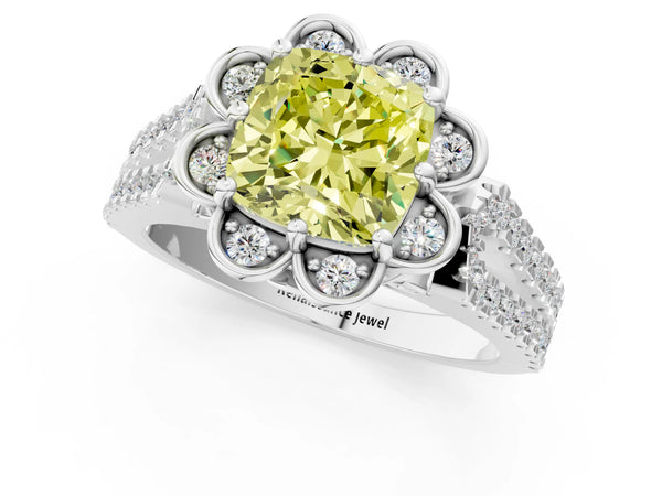 White gold Fancy Yellow Cushion  Halo Diamond Floral Split Shank Engagement Ring