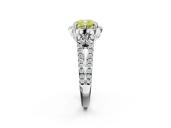 White gold Fancy Yellow Cushion  Halo Diamond Floral Split Shank Engagement Ring