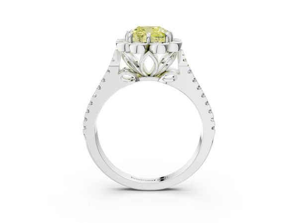 White gold Fancy Yellow Cushion  Halo Diamond Floral Split Shank Engagement Ring