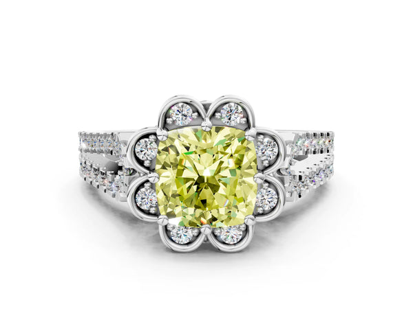 White gold Fancy Yellow Cushion  Halo Diamond Floral Split Shank Engagement Ring