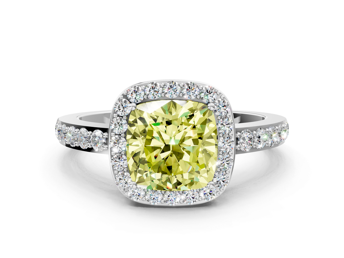 White gold Fancy Yellow Cushion  Halo Diamond Pavé Band Ring with Prong Setting_20