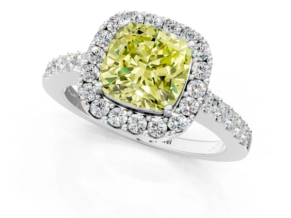 Platinum Fancy Yellow Cushion  Halo Diamond Pavé Solitaire Ring