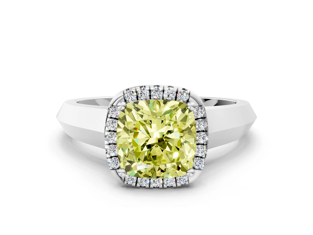 White gold Fancy Yellow Cushion  Halo Diamond Ring with Cathedral Band and Four-Prong Setting_49