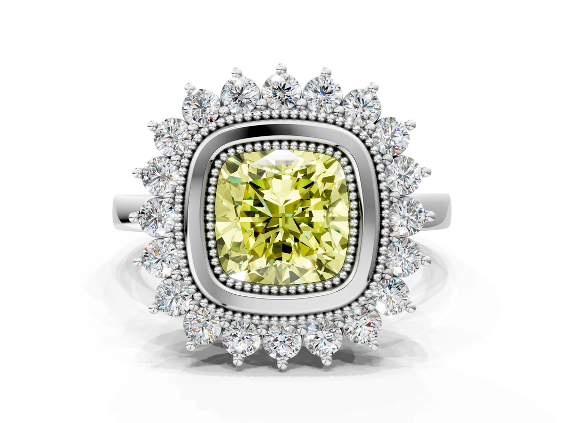 White gold Fancy Yellow Cushion  Halo Diamond Ring with Milgrain Edge and Round Prong Setting_38