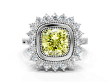 White gold Fancy Yellow Cushion  Halo Diamond Ring with Milgrain Edge and Round Prong Setting_38