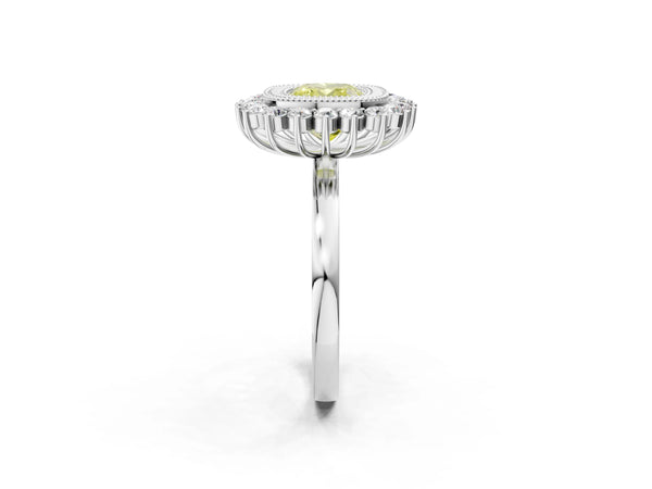 Platinum Fancy Yellow Cushion  Halo Diamond Ring with Milgrain Edge and Round Prong Setting