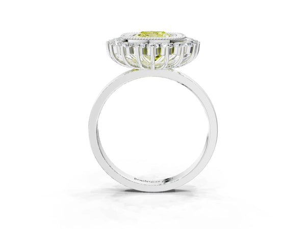 Platinum Fancy Yellow Cushion  Halo Diamond Ring with Milgrain Edge and Round Prong Setting