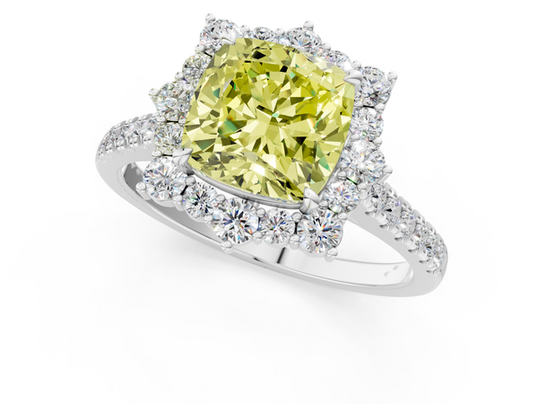 White gold Fancy Yellow Cushion  Halo Diamond Ring with Pavé Band and Prong Setting