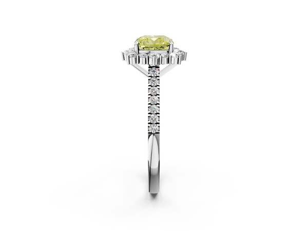 White gold Fancy Yellow Cushion  Halo Diamond Ring with Pavé Band and Prong Setting