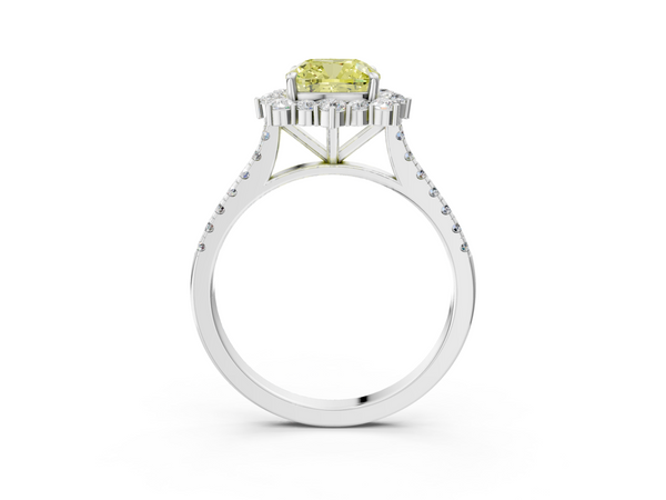 White gold Fancy Yellow Cushion  Halo Diamond Ring with Pavé Band and Prong Setting