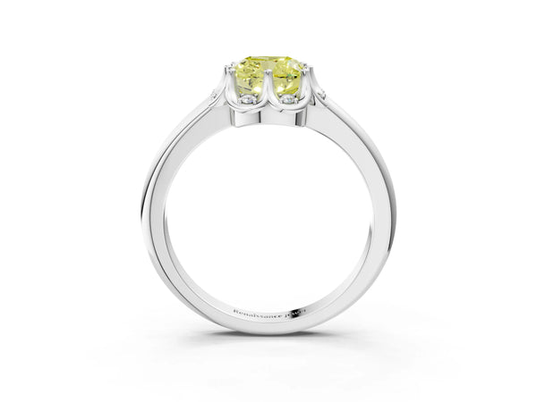 Platinum Fancy Yellow Cushion  Halo Diamond Ring with Round Cluster Setting, Solitaire Band, and Four-Prong Setting