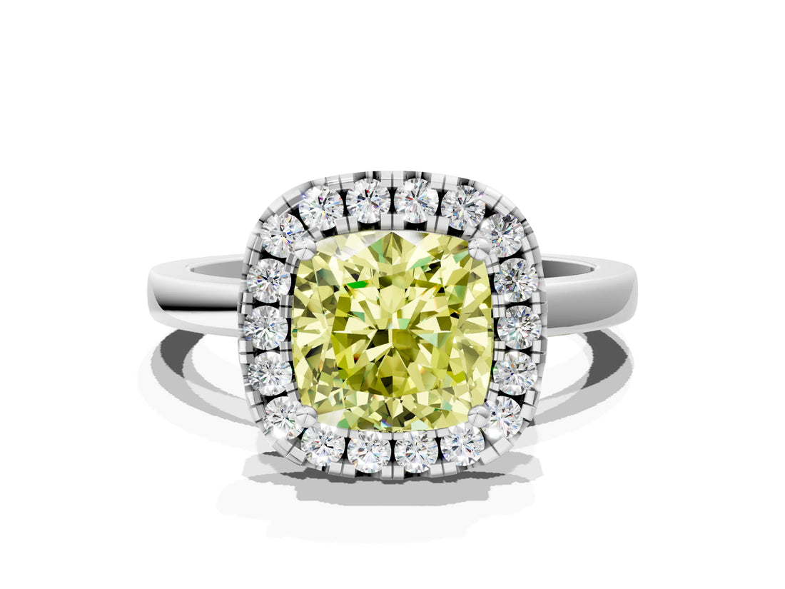 White gold Fancy Yellow Cushion  Halo Diamond Solitaire with Pavé Band and Four-Prong Setting_127