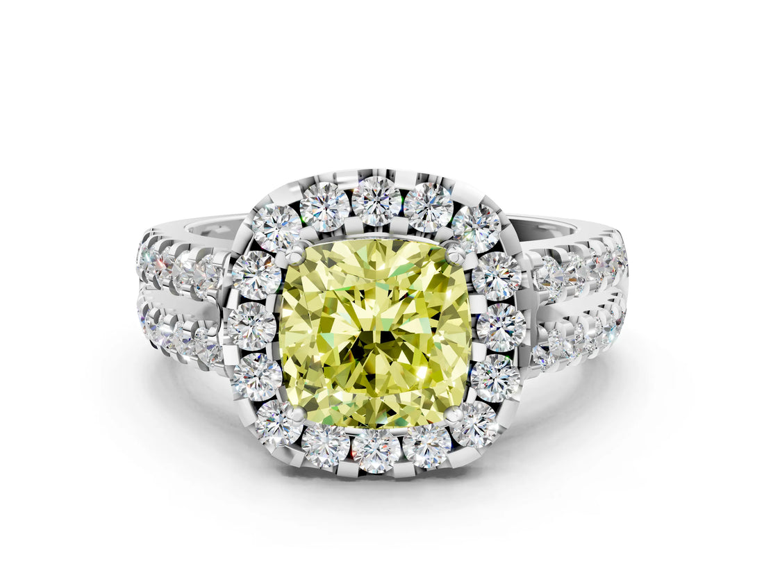 White gold Fancy Yellow Cushion  Halo Diamond Split Shank Engagement Ring with Prong Setting_27