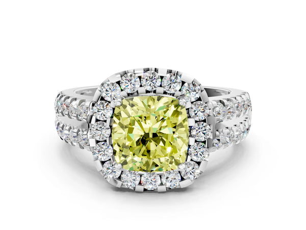 White gold Fancy Yellow Cushion  Halo Diamond Split Shank Engagement Ring with Prong Setting