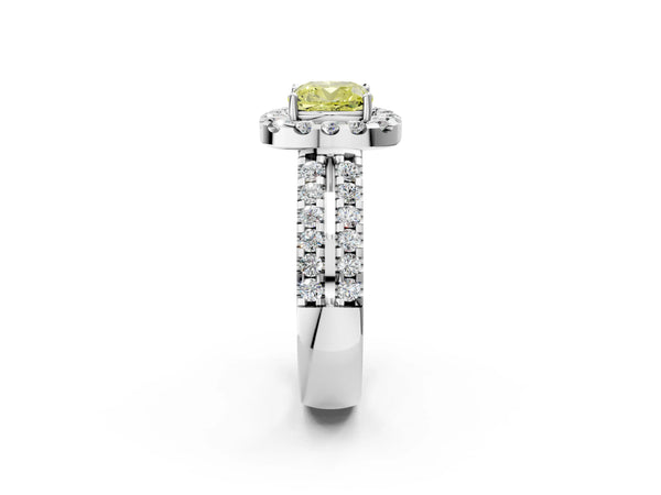 White gold Fancy Yellow Cushion  Halo Diamond Split Shank Engagement Ring with Prong Setting