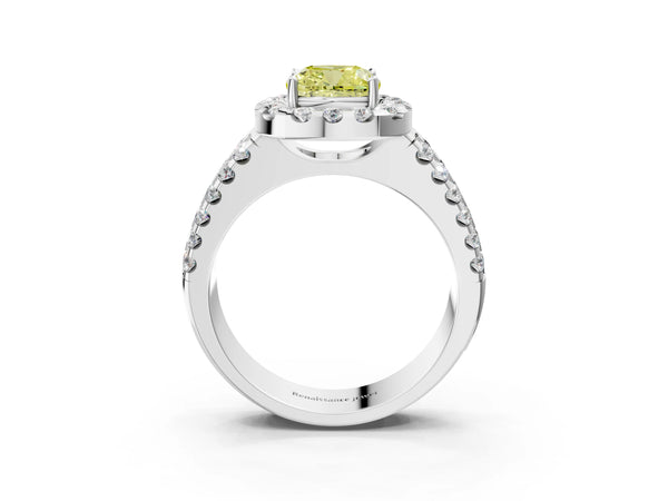 White gold Fancy Yellow Cushion  Halo Diamond Split Shank Engagement Ring with Prong Setting