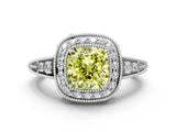White gold Fancy Yellow Cushion  Halo Diamond Split Shank Ring with Milgrain Detail_67