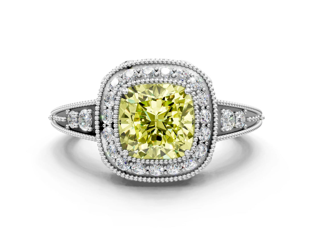 White gold Fancy Yellow Cushion  Halo Diamond Split Shank Ring with Milgrain Detail_72