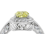 White gold Fancy Yellow Cushion  Halo Diamond Split Shank Ring with Milgrain Detail_76