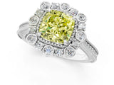 White gold Fancy Yellow Cushion  Halo Milgrain Pave Diamond Ring with Four-Prong Setting 2