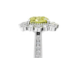 White gold Fancy Yellow Cushion  Halo Milgrain Pave Diamond Ring with Four-Prong Setting