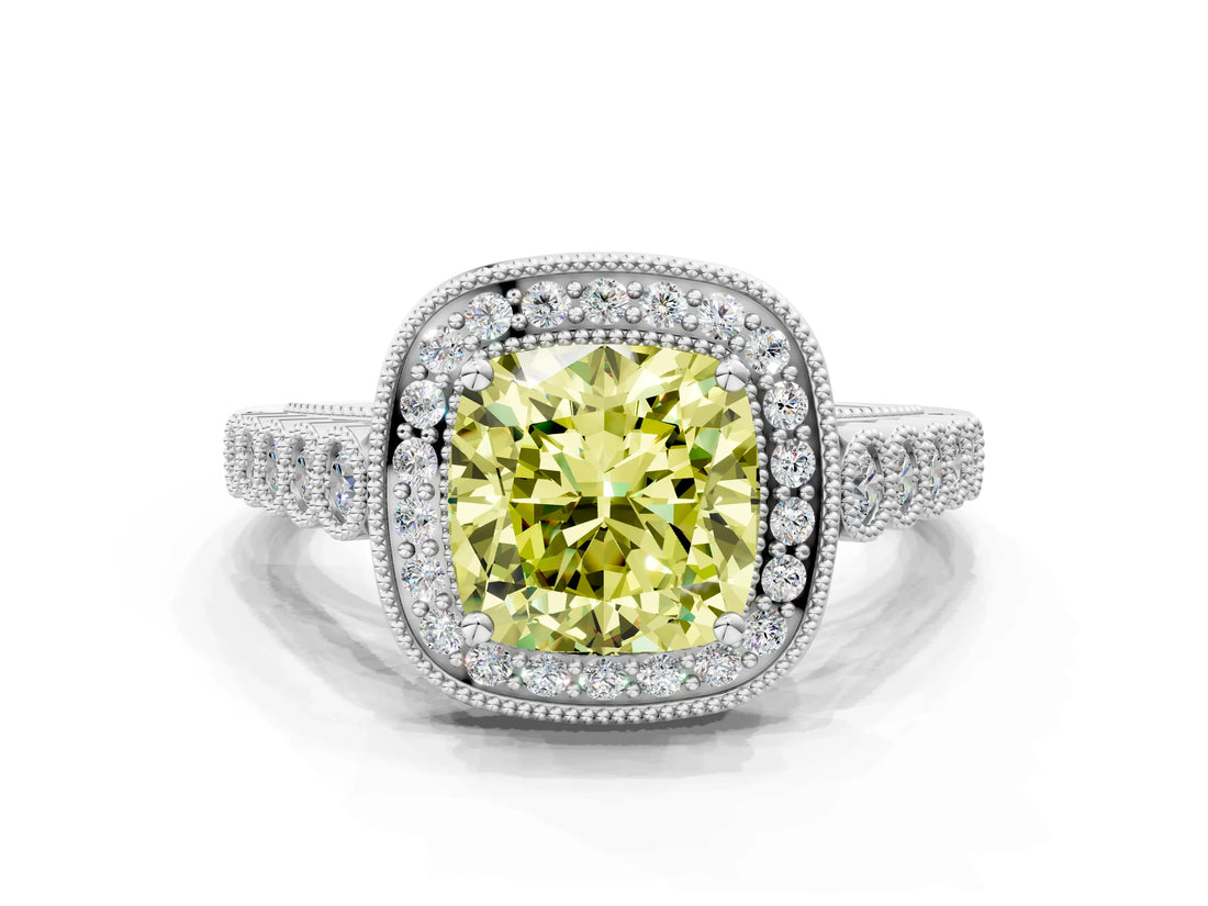 White gold Fancy Yellow Cushion  Halo Milgrain Solitaire with Bezel Set Side Stones and Pave Band_49
