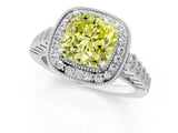 White gold Fancy Yellow Cushion  Halo Milgrain Solitaire with Bezel Set Side Stones and Pave Band_50