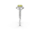White gold Fancy Yellow Cushion  Halo Milgrain Solitaire with Bezel Set Side Stones and Pave Band_51