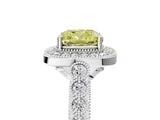 White gold Fancy Yellow Cushion  Halo Milgrain Solitaire with Bezel Set Side Stones and Pave Band_57