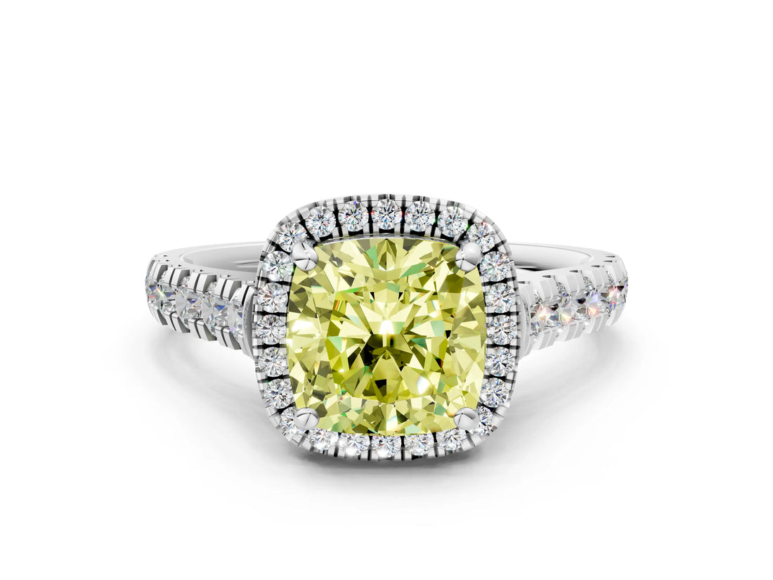 White gold Fancy Yellow Cushion  Halo Pavé Diamond Engagement Ring with Four-Prong Setting_26