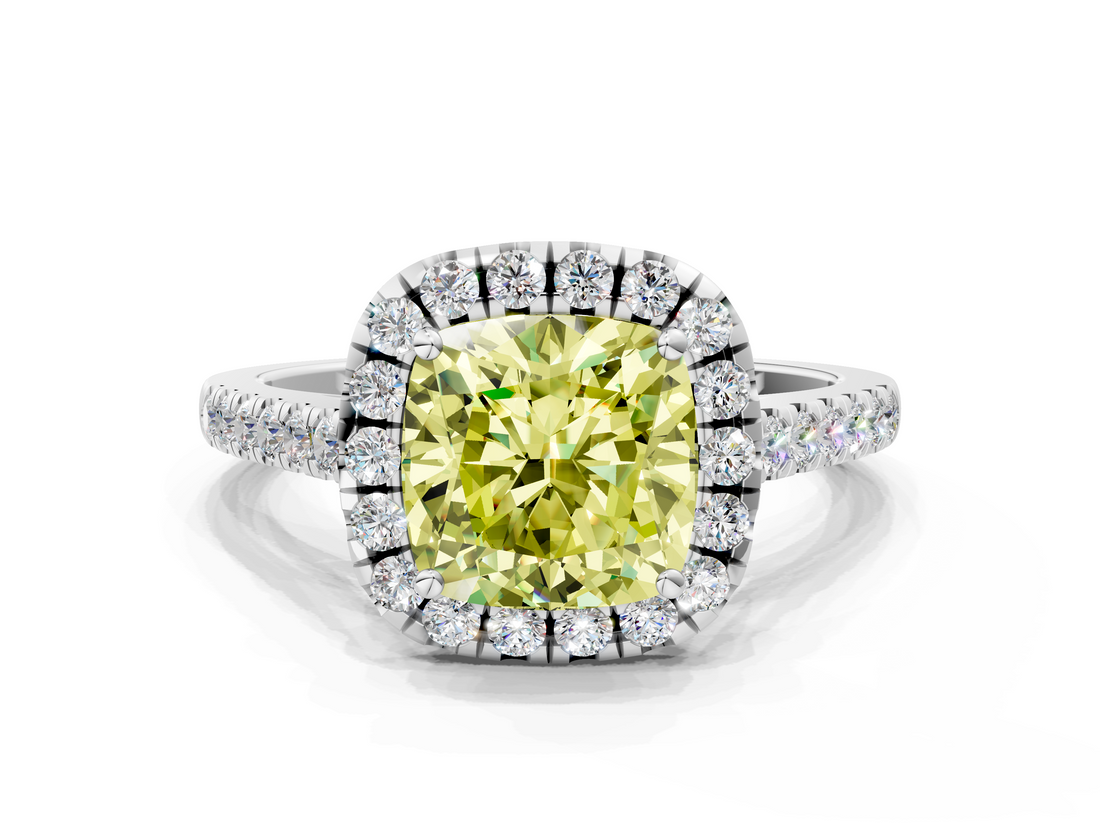 White gold Fancy Yellow Cushion  Halo Pavé Diamond Engagement Ring with Four-Prong Setting_3