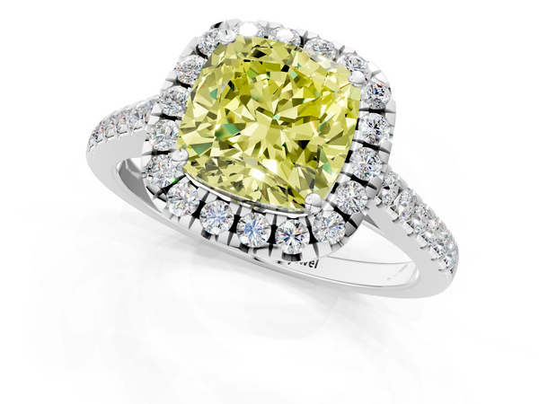 Platinum Fancy Yellow Cushion  Halo Pavé Diamond Engagement Ring with Four-Prong Setting