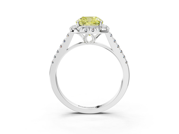 Platinum Fancy Yellow Cushion  Halo Pavé Diamond Engagement Ring with Four-Prong Setting