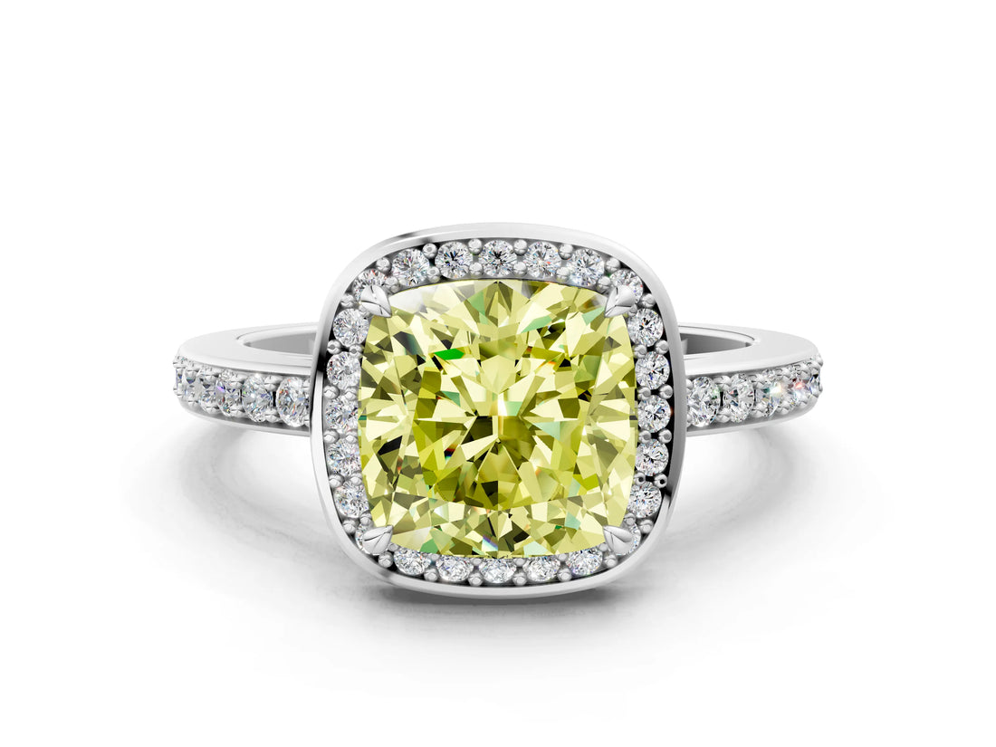 White gold Fancy Yellow Cushion  Halo Pave Band Solitaire Ring with Prong Setting_65