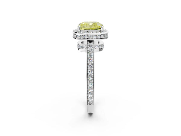 White gold Fancy Yellow Cushion  Halo Pave Band Solitaire Ring with Prong Setting