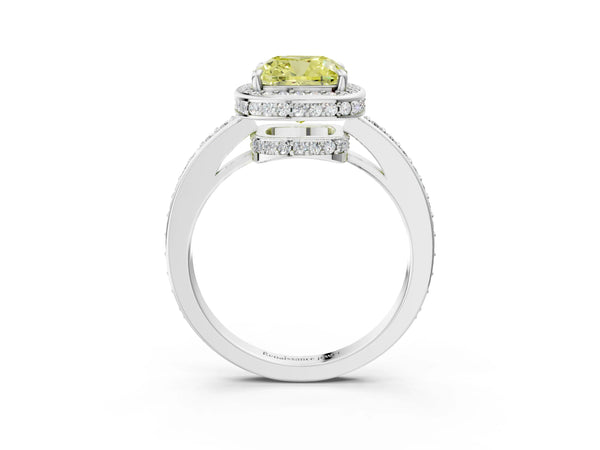 White gold Fancy Yellow Cushion  Halo Pave Band Solitaire Ring with Prong Setting
