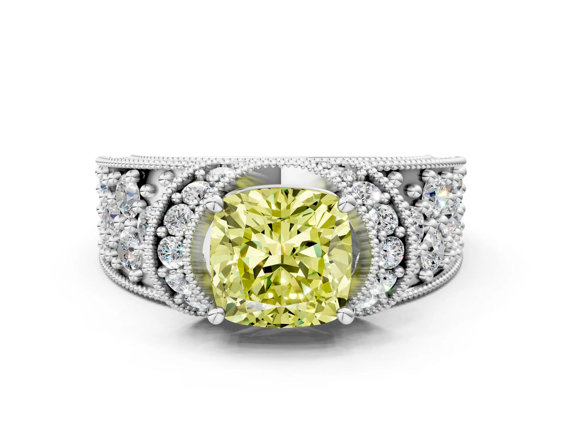 White gold Fancy Yellow Cushion  Halo Pave Diamond Engagement Ring with Milgrain Detailing_49
