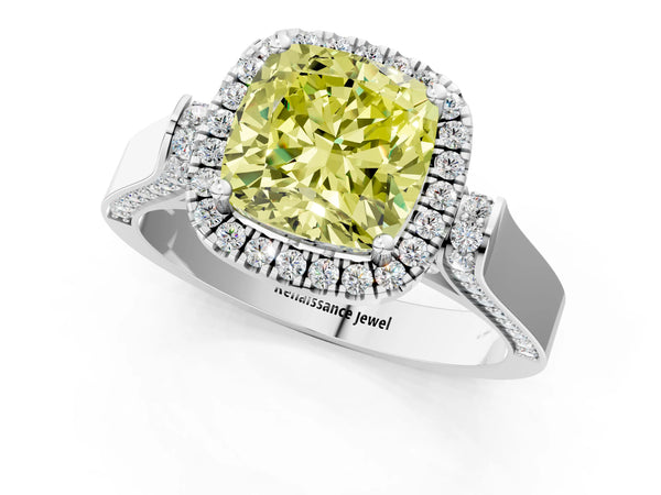 White gold Fancy Yellow Cushion  Halo Pave Split Shank Prong Setting Ring