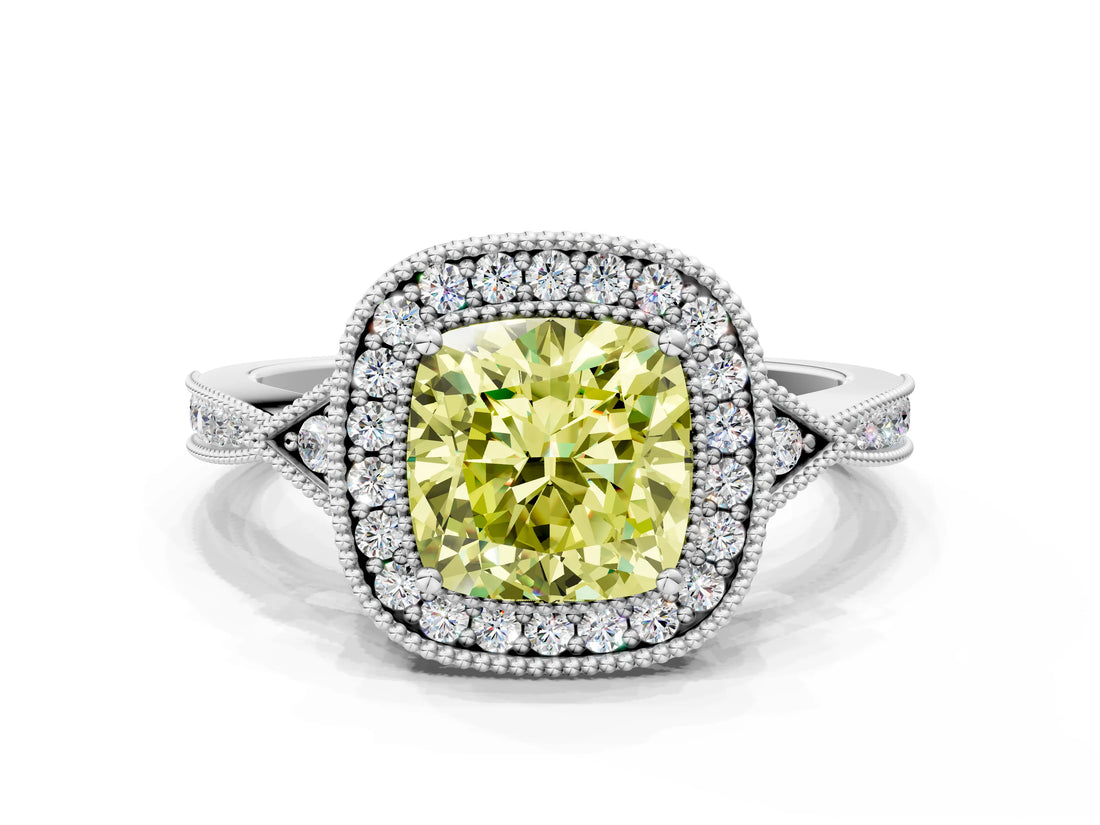 White gold Fancy Yellow Cushion  Halo Round Diamond Milgrain Pave Engagement Ring_3