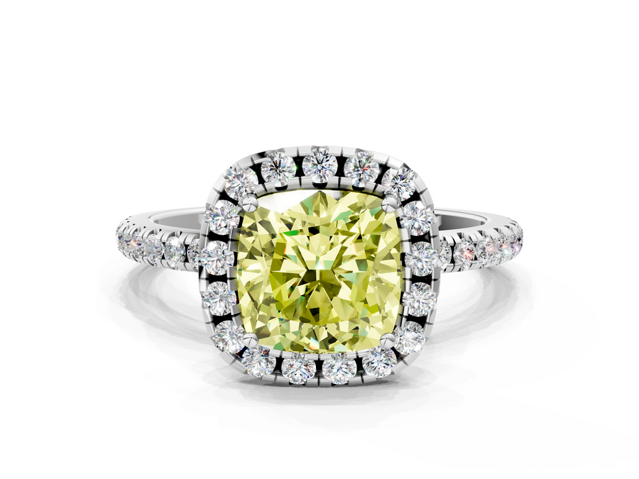 White gold Fancy Yellow Cushion  Halo Round Diamond Pavé Band Four-Prong Ring