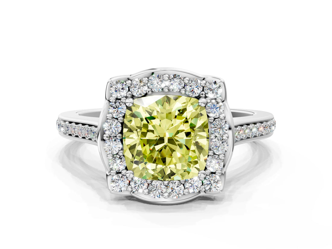 White gold Fancy Yellow Cushion  Halo Round Diamond Pave Band with Four-Prong Setting_50