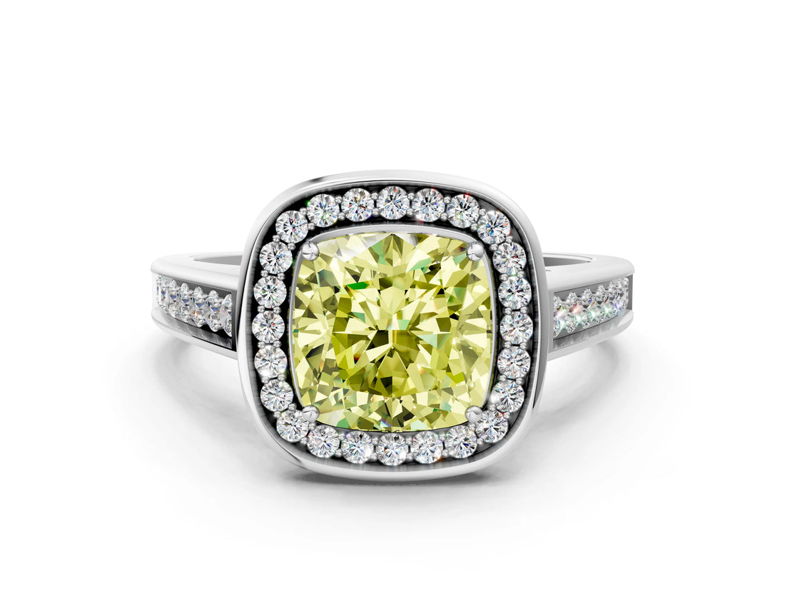 White gold Fancy Yellow Cushion  Halo Solitaire Diamond Ring with Pave Band and Bezel Setting_48