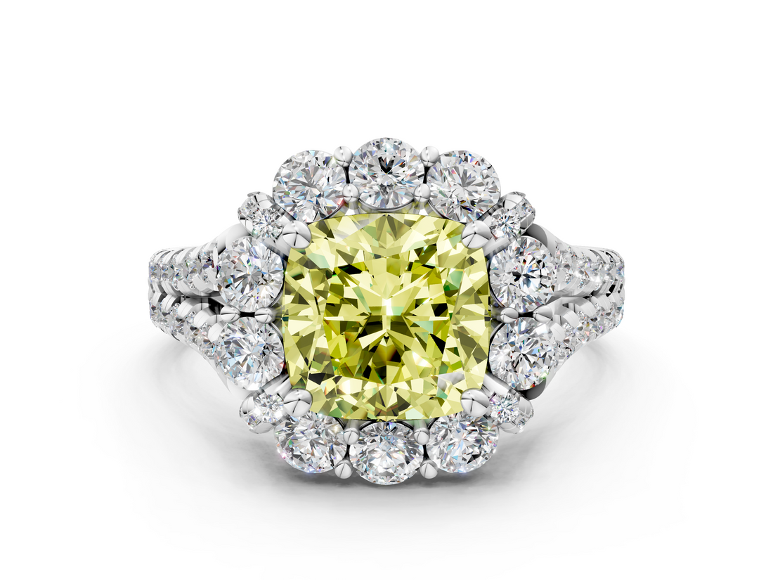White gold Fancy Yellow Cushion  Halo Split Shank Diamond Engagement Ring with Pave Band and Four-Prong Setting_54