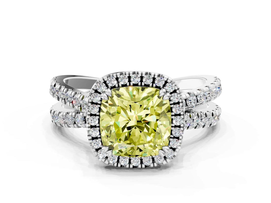 White gold Fancy Yellow Cushion  Halo Split Shank Diamond Ring with Pavé Setting_39